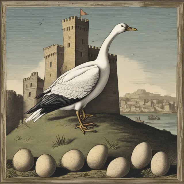 A golden goose lays eggs representing lower interest rates for a sturdy fortress symbolizing strong credit issuers, illustrating the flexibility of using proceeds on current assets or inventories.