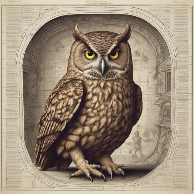 An owl, symbolizing wisdom, assists an investor in navigating the complexities of commercial real estate management, including property upkeep, tenant needs, and financial charts.