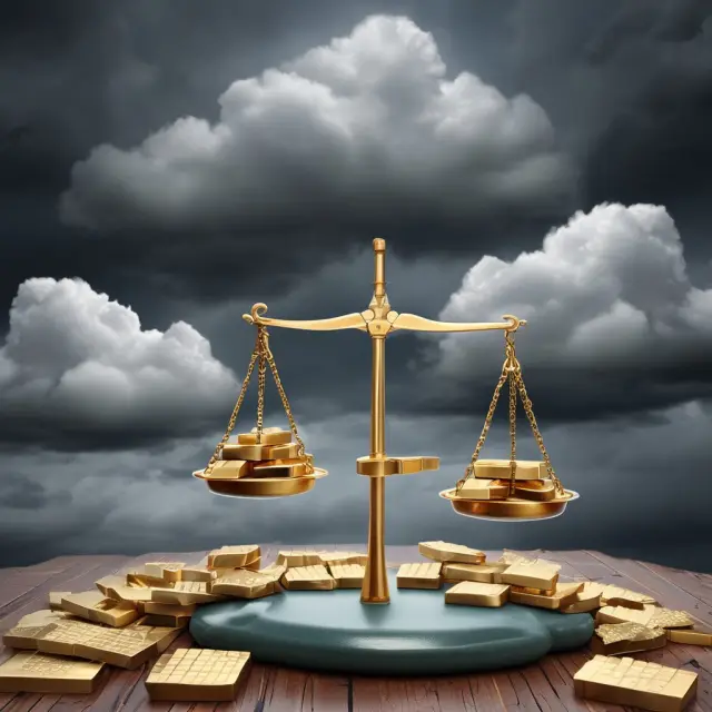 Institutional investor balancing advantages (golden bricks) and risks (storm clouds) of commercial real estate investment