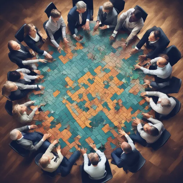 Institutional investors collaborate in a puzzle room, creating a jigsaw image symbolizing the structure and benefits of commingled funds