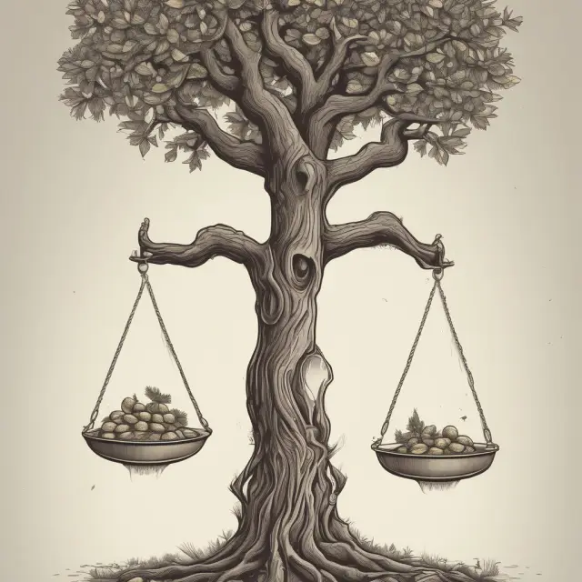 Scales holding coins representing commissions balance near a growing tree depicting wealth
