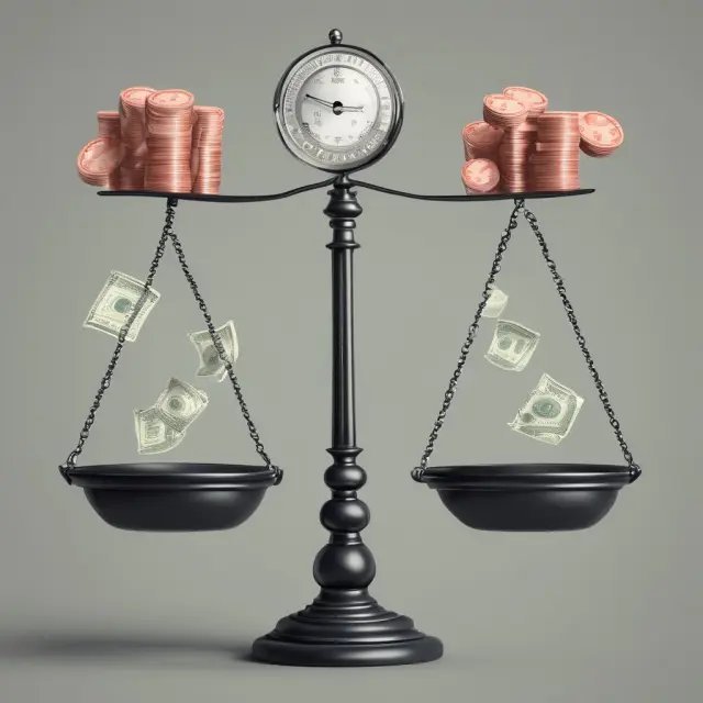 A person balancing scales, one side loaded with fee-based costs and the other with commission expenses.