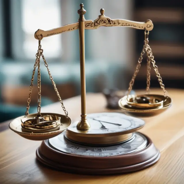 A broker, symbolized by a human figure, holds a set of scales. One pan displays investment gains while the other shows commission fees. The balance teeters precariously between them.