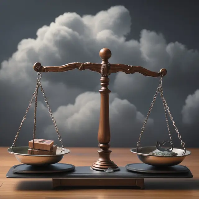 Two pans on a balance scale - left side filled with mutual funds, right side with ETFs; commission fees represented as a dark storm cloud above.