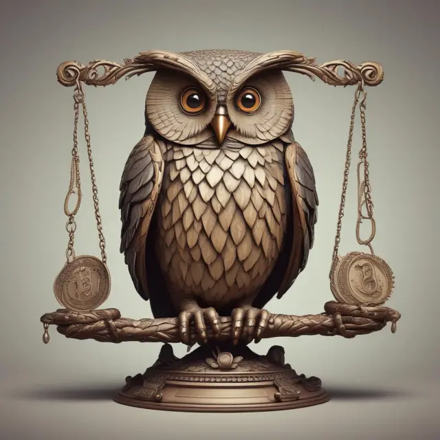 An owl symbolizing wisdom deliberates over two scales labeled 