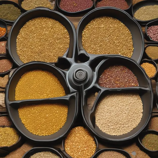 An agro-industrial wheel with hard commodities (mined metals) represented by a mineral deposit, and soft commodities (grains & livestock) shown as bountiful harvests and grazing animals.