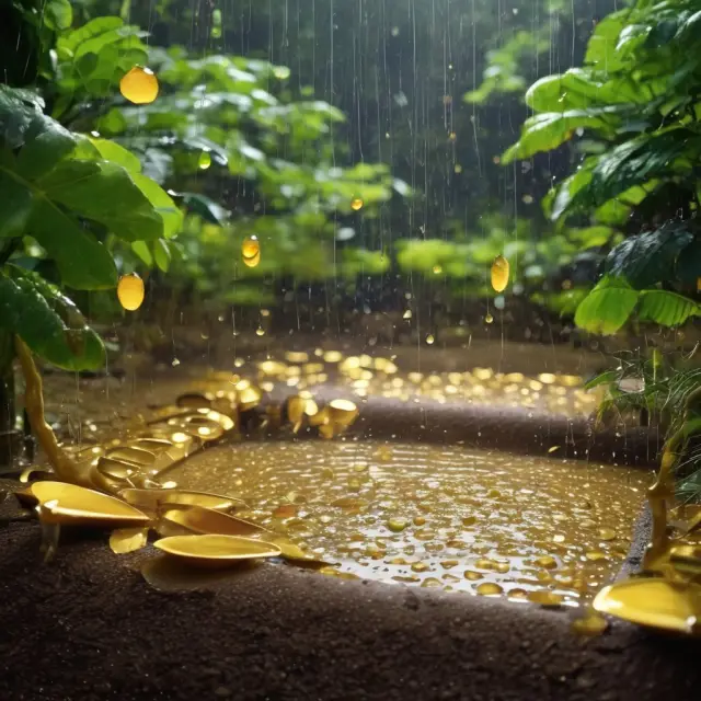 Golden commodity raindrops nurturing a diversified investment portfolio, symbolizing risk reduction and growth