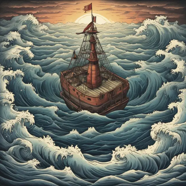 A person sailing amidst volatile commodity market waves, guided by a regulatory compass