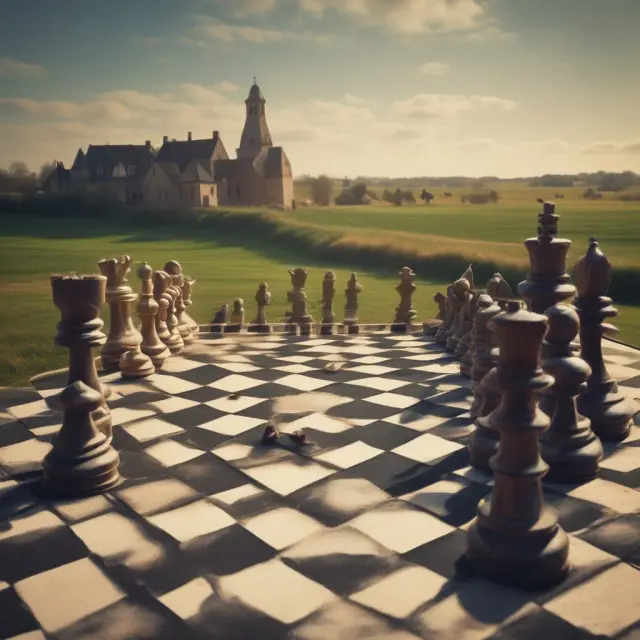 Farmers and merchants play a game of chess on a commodity futures board, symbolizing the contract process. Expiring contracts represent checkmate.