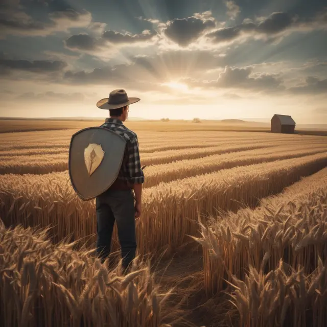 A farmer, symbolically holding a shield in the shape of a futures contract, stands guard over his wheat field to protect against price volatility