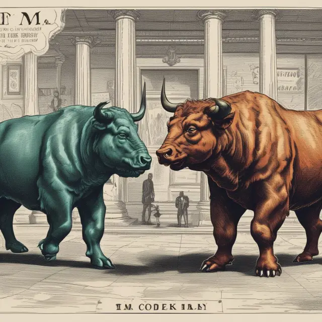 A tightrope walker balances between bull and bear in a commodity futures market, with margin calls threatening to disrupt their precarious balance