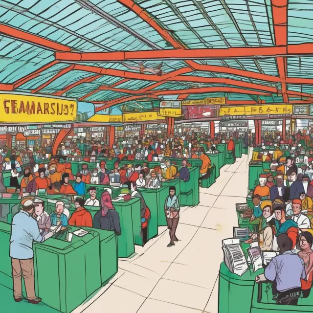 A bustling commodity exchange with traders engaging in futures contracts under the watchful eyes of a clearing house