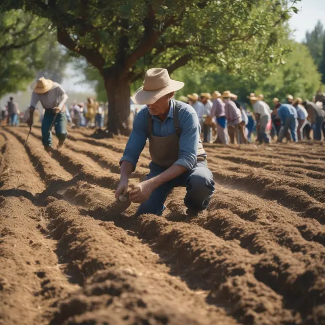 An orchard with farmers sowing seeds for various futures contracts representing agricultural, energy, metals, softs, and other specialty commodities