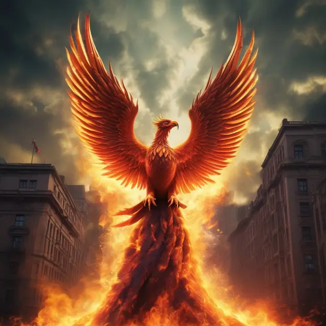 Phoenix rising from a fire signifies CET1 capital, the highest quality Tier 1 component in banking, absorbing losses and ensuring financial stability