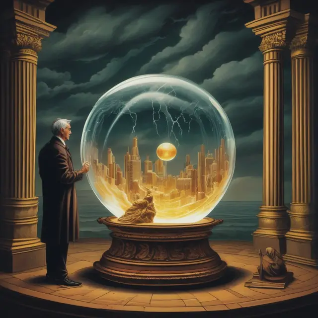 Regulator examining crystal ball containing CET1 capital components, undergoing stress test with economic instability depicted as a storm brewing