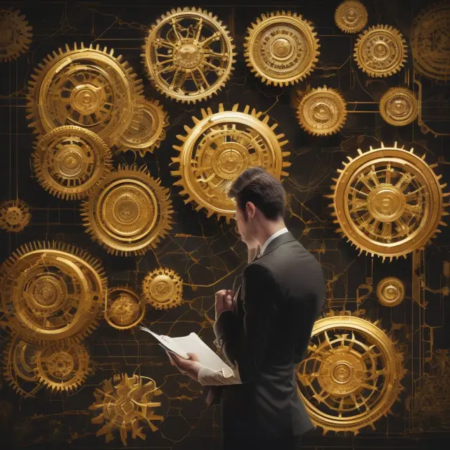 An institutional investor examining interconnected golden gears, each representing a common size financial statement from various industries, highlighting underlying trends