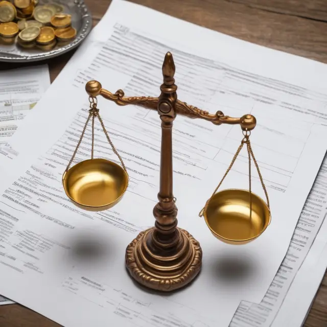 Golden financial statement on one side of a balance scale, with common size ratio charts on the other.