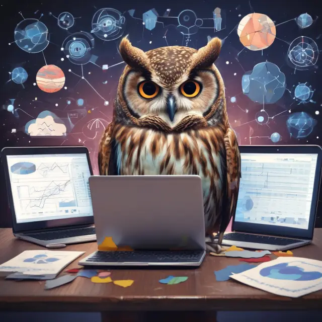 An owl, symbolizing wisdom, uses advanced technology to analyze common size financial statements, utilizing real-time data and interactive visualizations