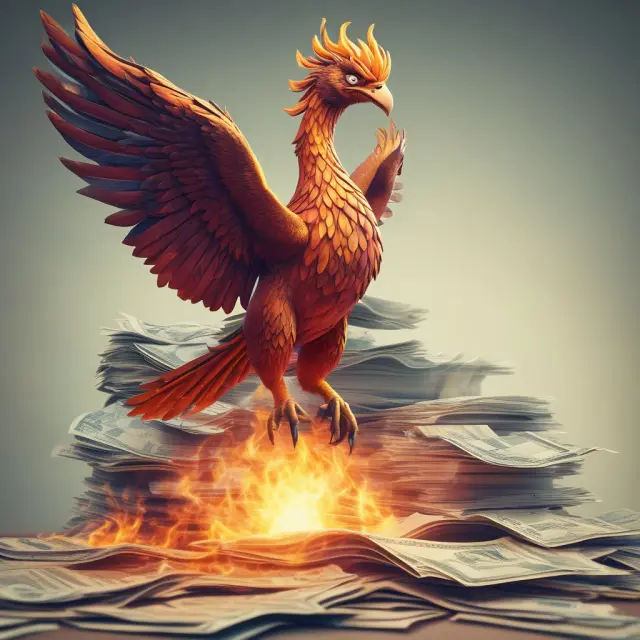 Phoenix rising from a stack of financial reports representing common stock growth potential. Keywords: phoenix, financial reports, common stock.