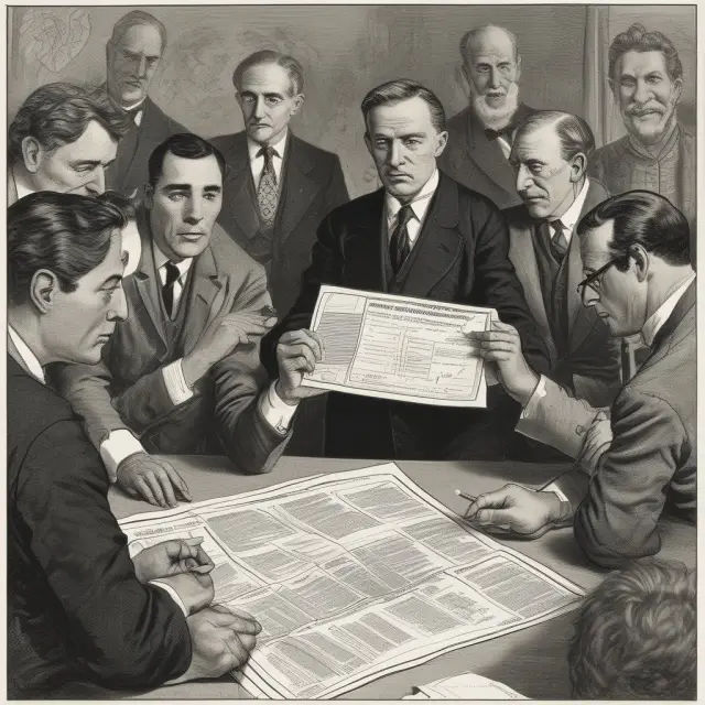Shareholders discussing company decisions at a table while holding their common stock certificates