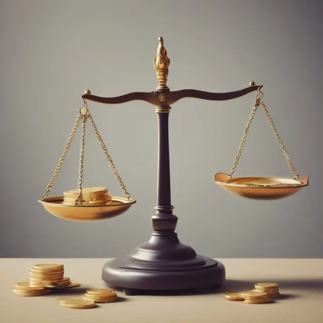 Image of a balance scale with stocks in one pan and gold coins in the other, illustrating long-term gains vs short-term volatility
