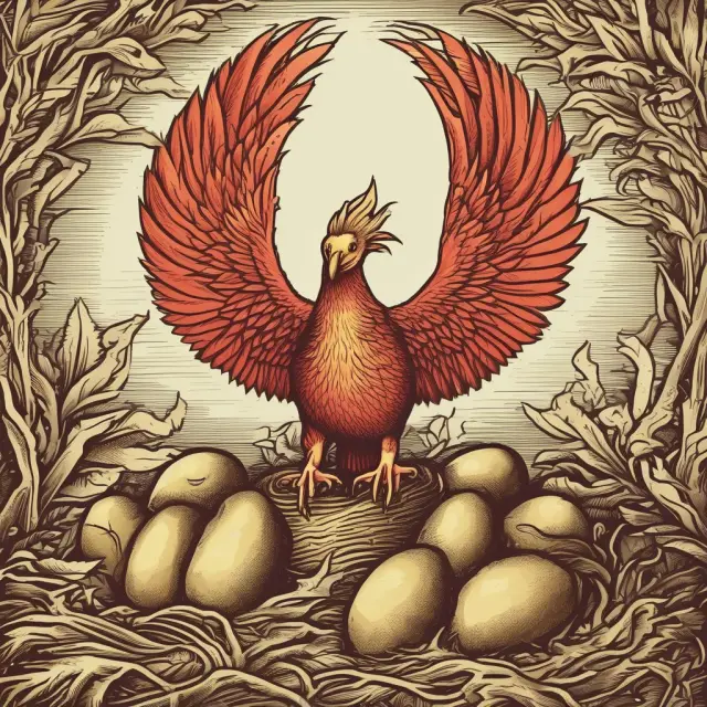 A majestic Phoenix rises from its nest filled with golden eggs and stocks, representing the successful culmination of an Initial Public Offering