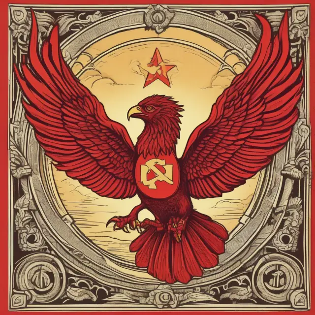 A red phoenix rises from a hammer and sickle, symbolizing the ideological resurgence of Marxist-Leninism