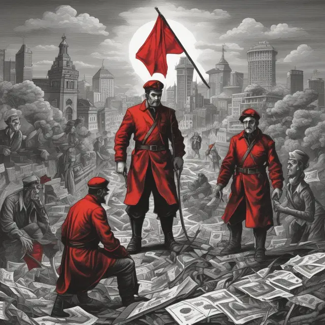 An image of Marxist-Leninist elites constructing a tapestry symbolizing central planning, with a bustling second economy thriving as shadows beneath.
