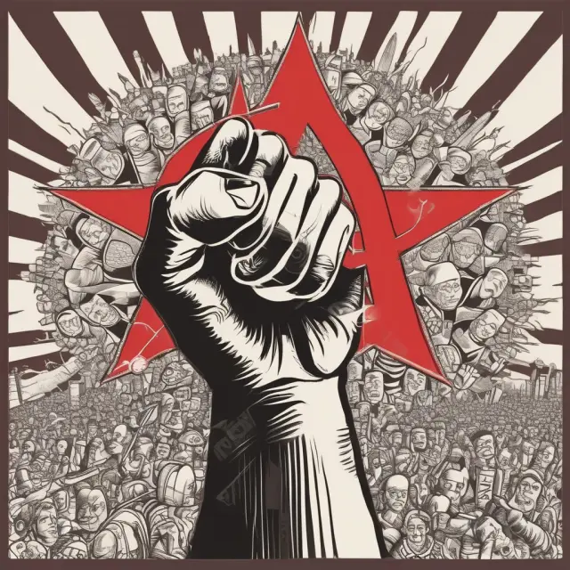 Mighty hand crafting society using hammer and sickle, illustrating Marxist-Leninist state control