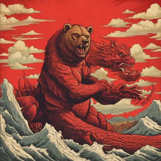 A clash between a powerful Soviet bear representing the Soviet Union, and a flexible Chinese dragon symbolizing China, depicting their differing paths in implementing Marxist-Leninist ideology.