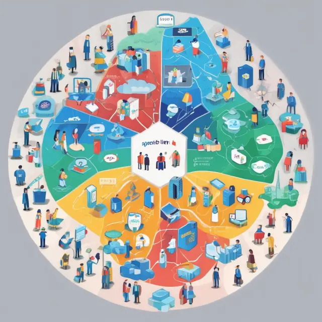 A colorful mosaic depicting various companies coming together to form an accurate peer group for comparison based on industry, size, and location.