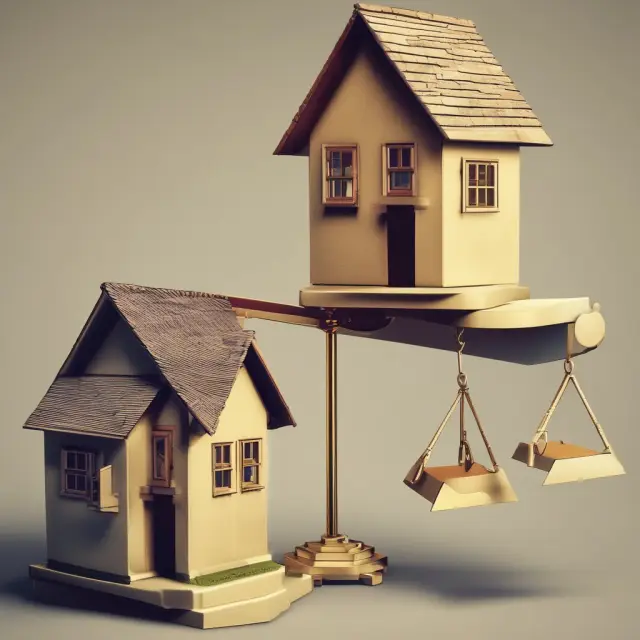 Three houses symbolizing CMA comparables on a scale with the golden mean representing fair property value