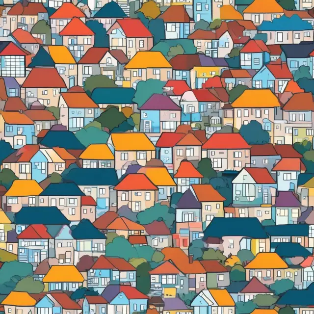 A colorful mosaic of houses with subtle differences, symbolizing the selection of comparable properties for a market analysis.