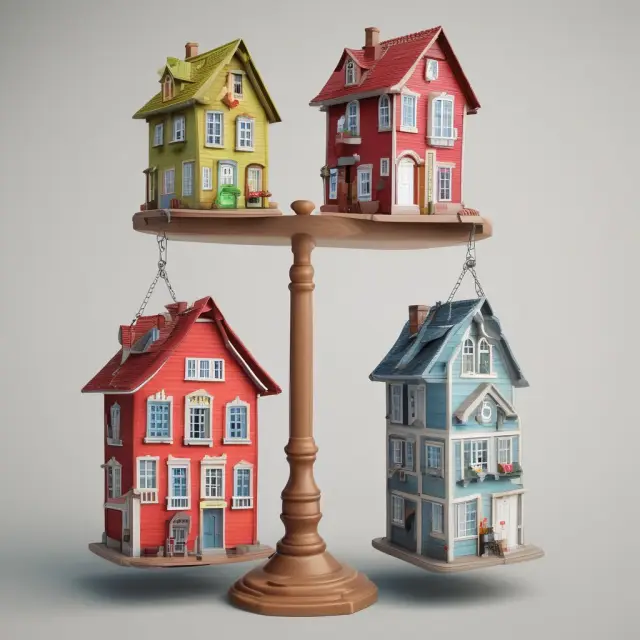 Scales with houses represent property valuation through CMA analysis