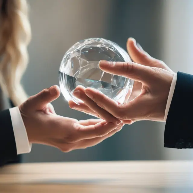 Two hands exchange a crystal ball representing comparative market analysis in real estate transactions, benefiting both buyers and sellers.