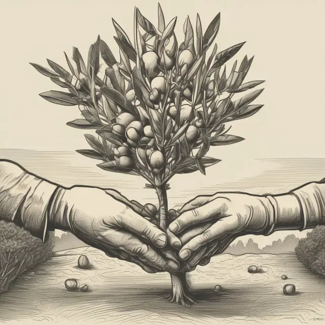 Image of two hands: one reaching out with an olive branch symbolizing comparative advantage, while the other constructs a protective wall representing protectionist measures