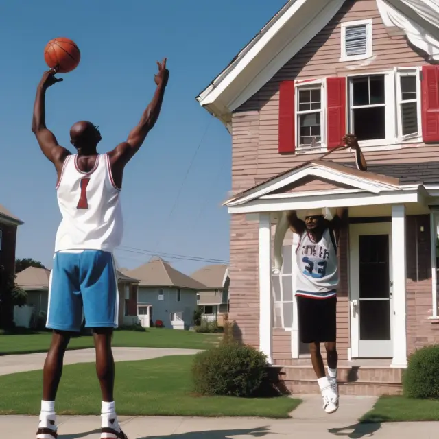 A basketball court and a painting scene side by side. Michael Jordan, the basketball player, is dribbling the ball with superior athleticism, while Joe paints a house faster and more efficiently.