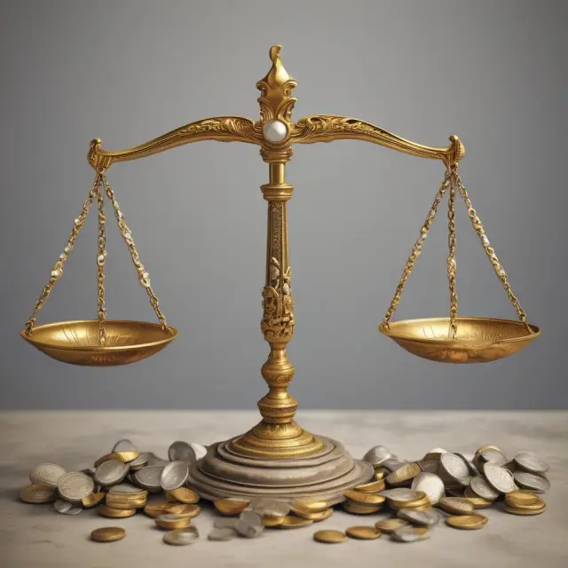 A balanced scale weighs gold coins for tangible losses and intangible grief pearls for non-monetary damages.