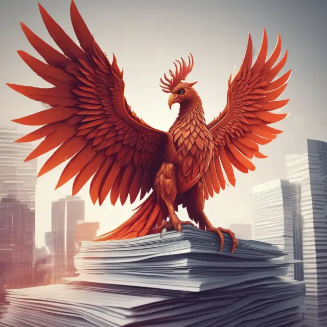 A mythical phoenix rises above business reports and charts, representing the transformative power of competitive intelligence in businesses