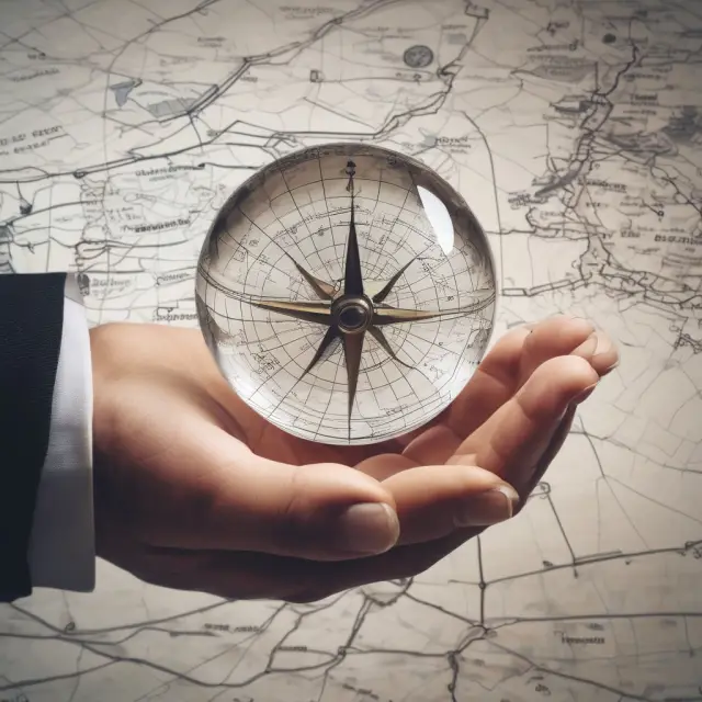 Crystal ball showcases competitor strategies and trends, while a compass represents informed business decisions