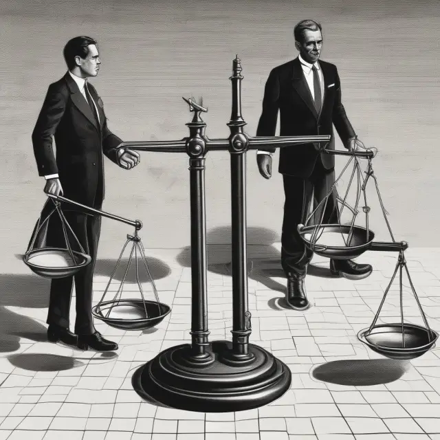 Visualization of competitive intelligence (scale with books) versus corporate espionage (shadow figure with stolen documents)