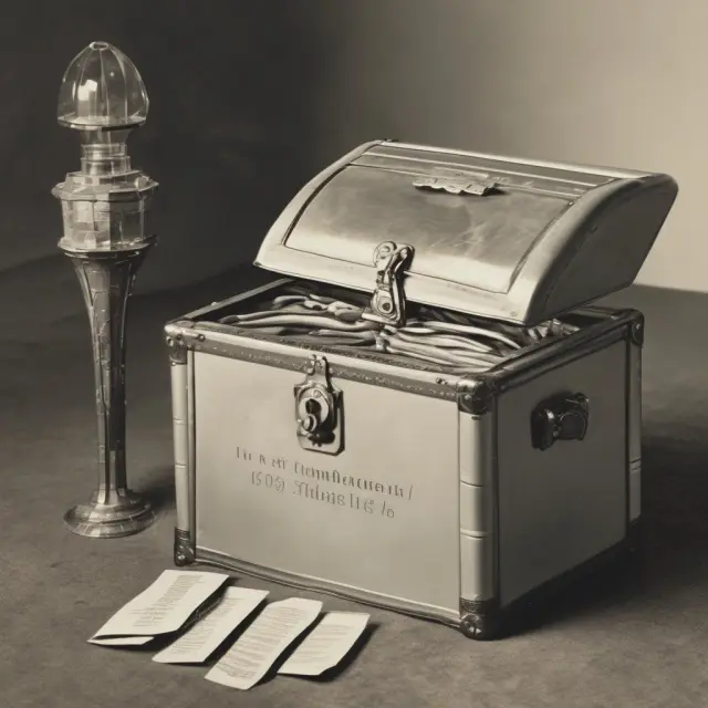 An ornate time capsule being opened, revealing various stages of competitive intelligence development: military strategy, data gathering, and strategic decision making