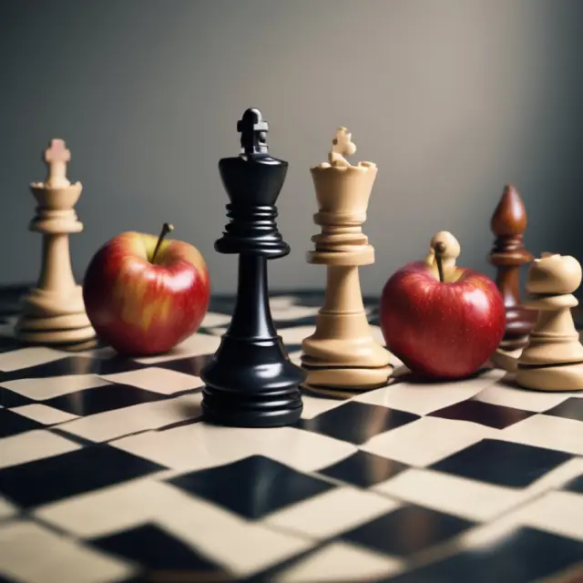Apple representing efficiency and a superior knight symbolizing a company with comparative advantage in a chess game setting