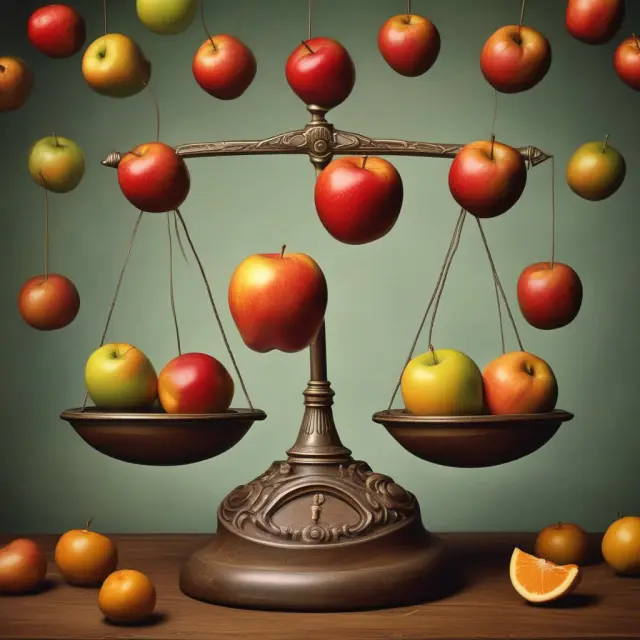 Golden scales balancing apples (China) and oranges (USA), illustrating comparative advantage in international trade.