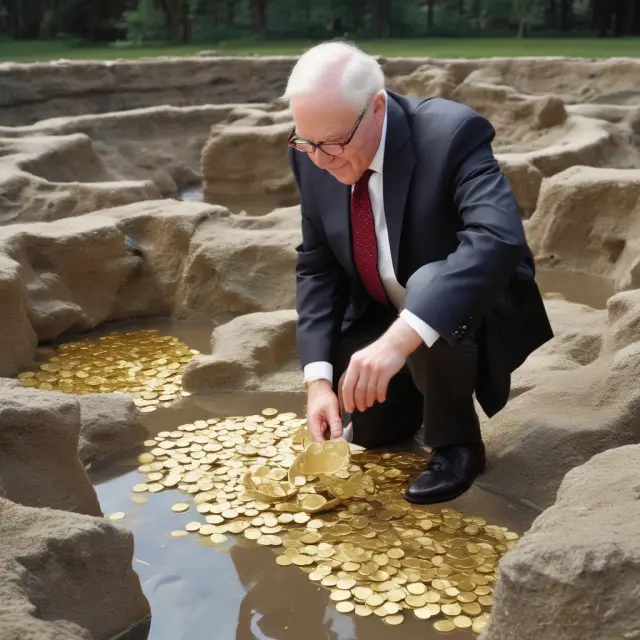 Warren Buffett analyzing a moat brimming with gold coins, symbolizing sustainable competitive advantages in investing