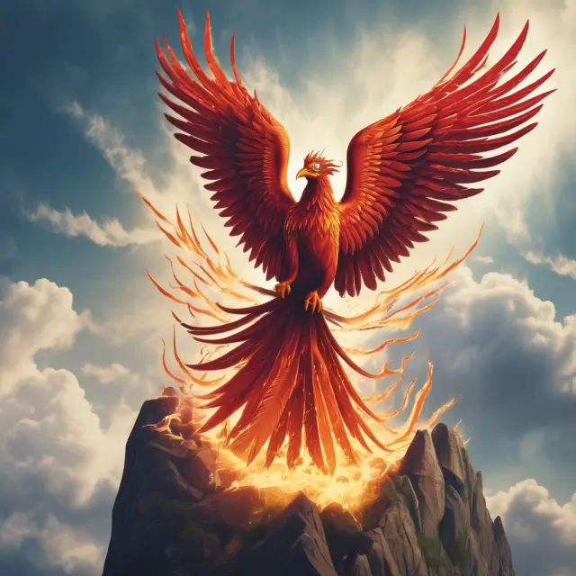 A mythical phoenix rising from flames amidst competitors represents businesses building strong brands for long-term success