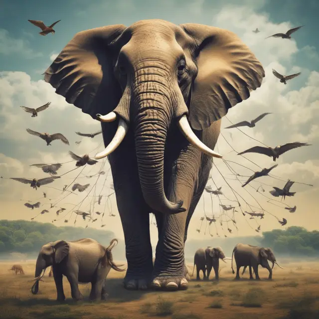 An elephant representing economies of scale and networked birds illustrating network effects in business