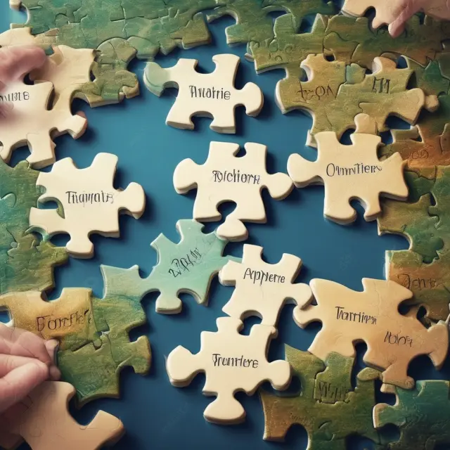 A collection of puzzle pieces representing various competitive advantages, fitting together to form a vibrant business landscape