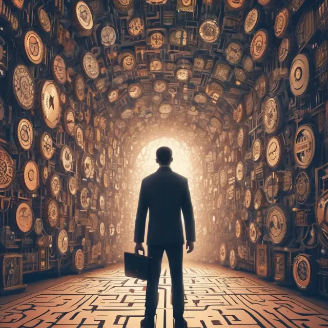 A compliance officer steering through a complex maze, combining gears symbolizing automation and shields representing data privacy regulations