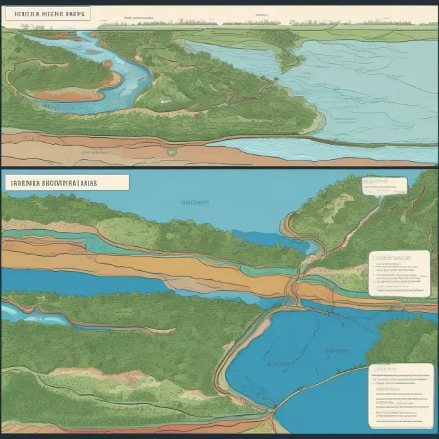 Two bodies of water: a river representing compound interest and a lake symbolizing simple interest, merging into one stream.